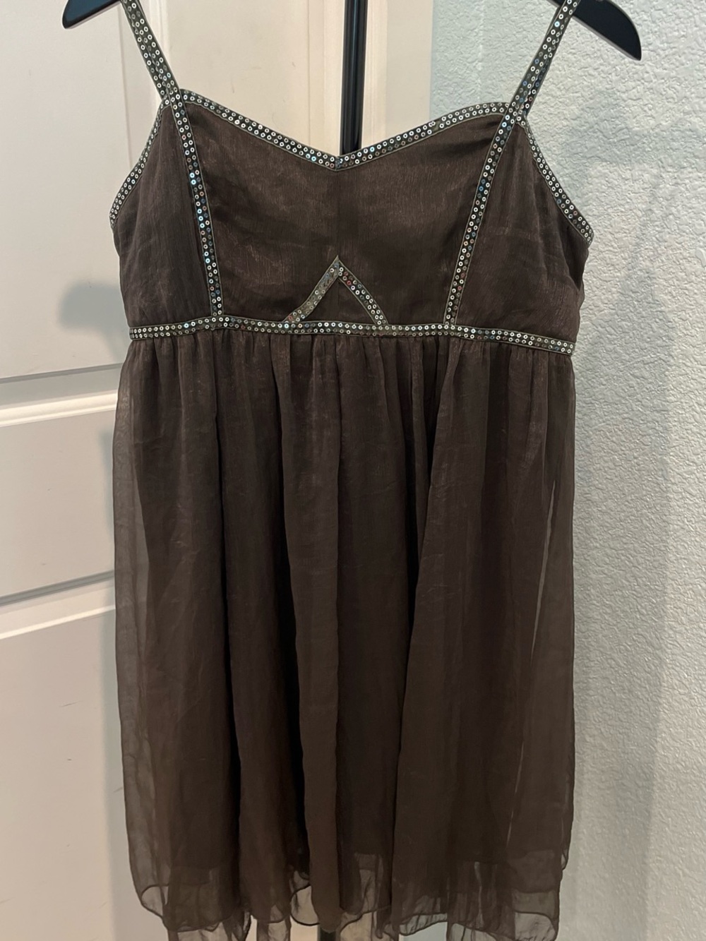 Daytrip Gray Brown Shimmery Chiffon Dress with Rhinestone Trim